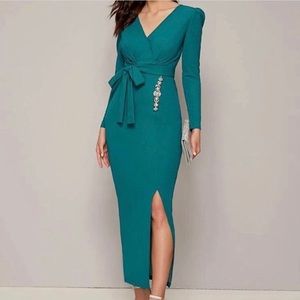 Surplice Neck Rhinestone Detail Split Hem Belted Dress